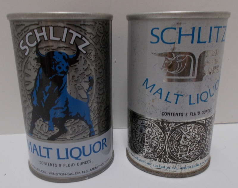 Two 1970's Schlitz Steel Beer Cans Malt Liquor 8 oz 8 states,Blue Bull 6 states