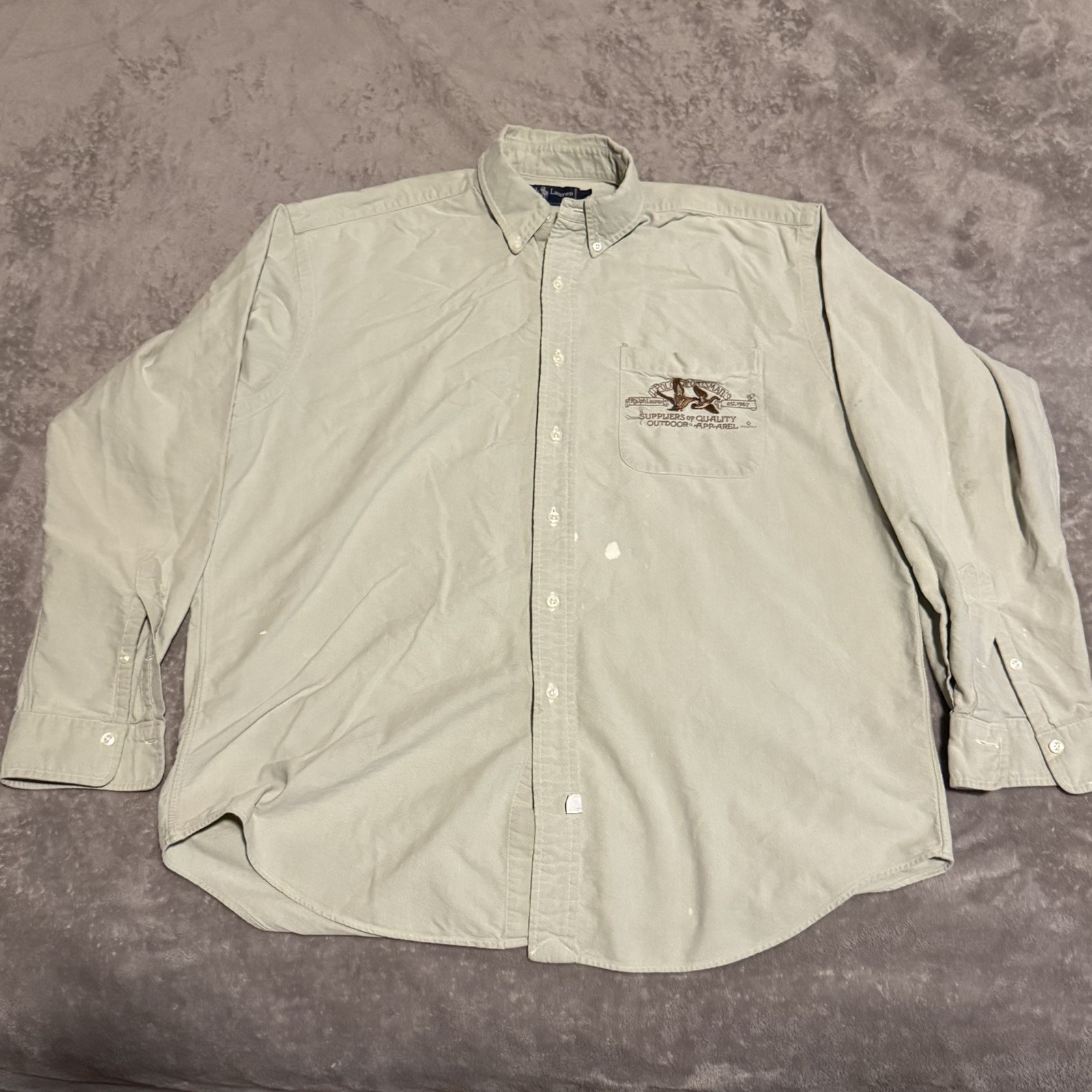 Vintage Ralph Lauren Sportsman Outdoor Button Up Mens Large Beige Duck Logo RARE