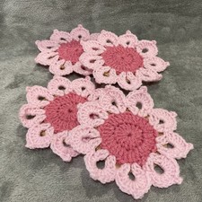 Valentines Handmade Crochet pink flower drink coasters/trivets set of 4 flower