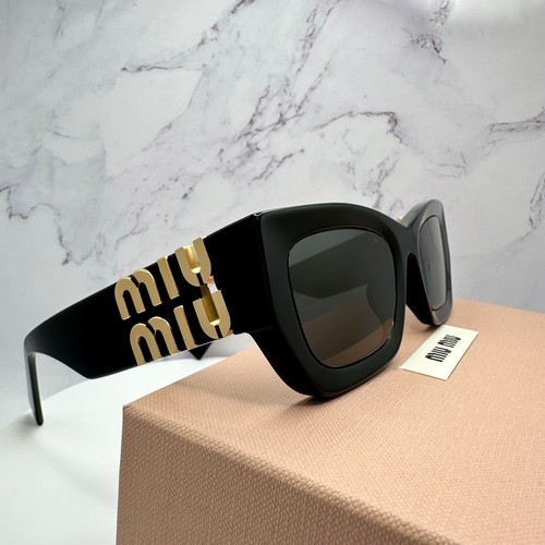 MIU MIU Sunglasses New Black Acetate Gold Metal Logo Square Cat Eye Authentic - Picture 4 of 16