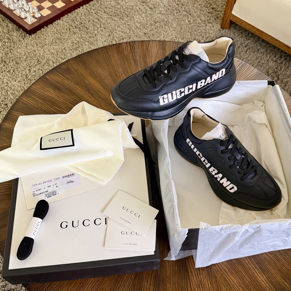 NEW GUCCI RHYTON LOGO LEATHER SNEAKER BLACK SIZE 8 | eBay