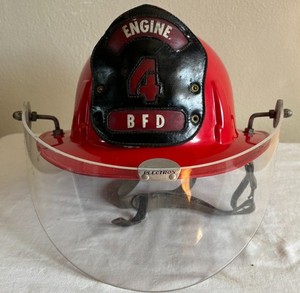 VINTAGE RED FIREFIGHTER MSA FIRE HELMET LEATHER BADGE ENGINE 4 BFD FACE SHIELD