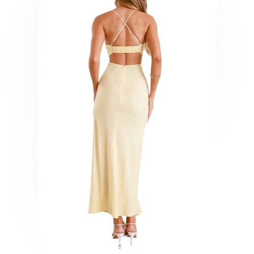 Hello Molly Fancy Brunch Date Maxi Dress Yellow Size 6 Linen blend Cutouts NEW - Picture 2 of 14