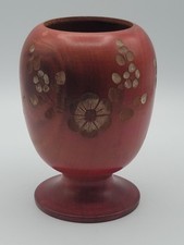 Vintage Hand Turned Wood Vase with Carved FloralDetailing - Elegant Soft Red...