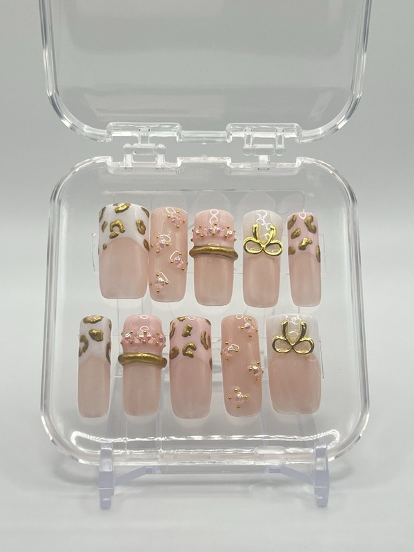 Pink/Gold Leopard Print Bow 3D Square Medium Press-On Nails Set, Glue Included