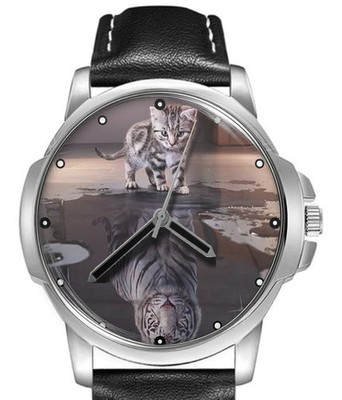 Positive Attitude Cat And Lion Shadow Lederband großes Zifferblatt Geschenk Armbanduhr