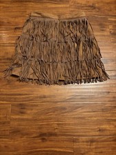 Brown Suede Fringe Skirt Whit Silver Polka Dots Boho Festival Cowgirl