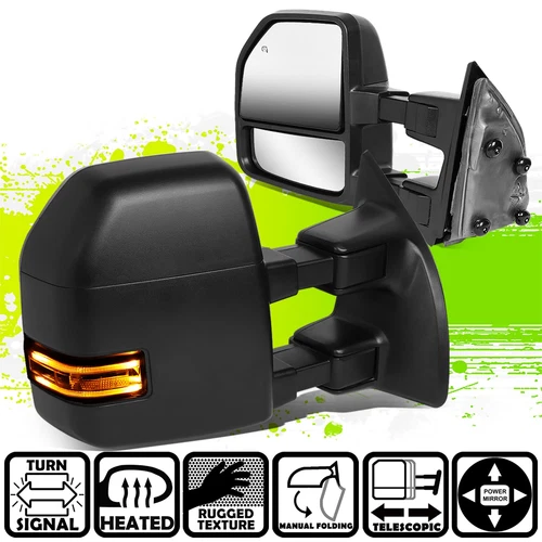 Black Power Heated LED Signal Side Towing Mirrors for F250-550 Super Duty 08-16