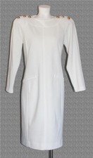 VTG Leslie Fay Gold Rope Buttons Faux Pockets Below Knee L/S White Dress Wms P10