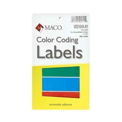 Maco MS1648-A1 Multi-Purpose Labels 1''X3'' Assorted Colors 200/Pk School Office