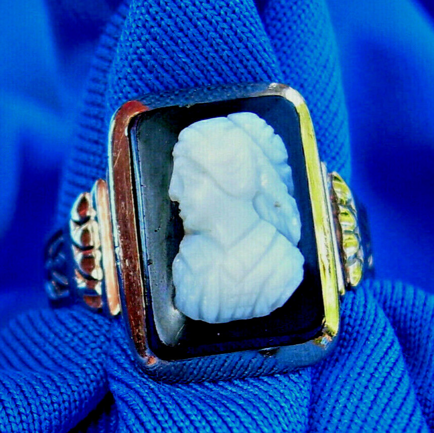 Antique Victorian 14K GOLD Deco Ring Hard stone High Relief Onyx Portrait Cameo