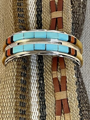 Vintage Wrist Native American Zuni Turquoise Inlay Sterling Silver