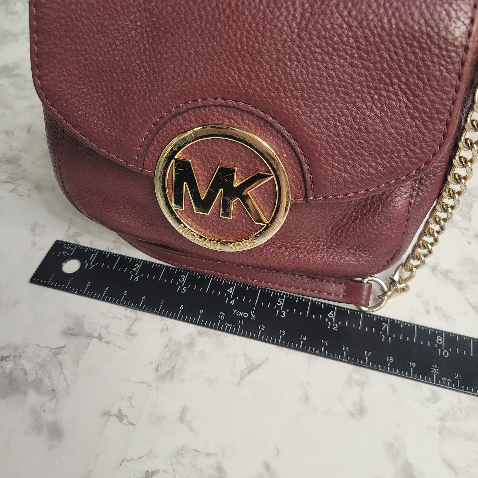 Michael Kors Fulton Leather Burgundy Crossbody Bag Purse Gold Chain Cute Small thumbnail 5