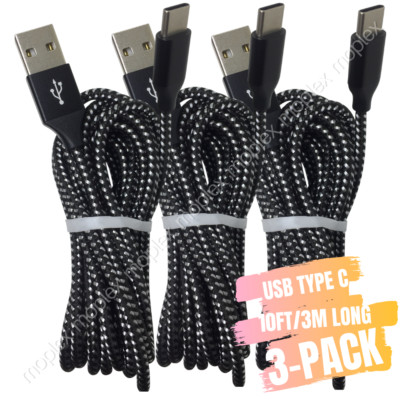 3Pack Type C Charger 10Ft USB C Fast Charge Braided Charging Cable Data Cord Lot