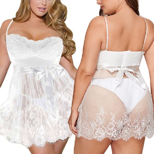 Plus Size Sexy Women Lingerie Lace Sleepwear Babydoll Pajamas Chemise Dress Set