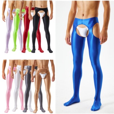 Mens Glossy Stretchy Pantyhose Stocking Elastic Waistband Cutout Skinny Pants