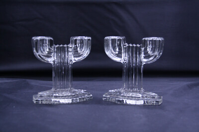 Queen Mary Double Candle Holders Set of 2 Art Deco Clear 4'' Anchor Hocking
