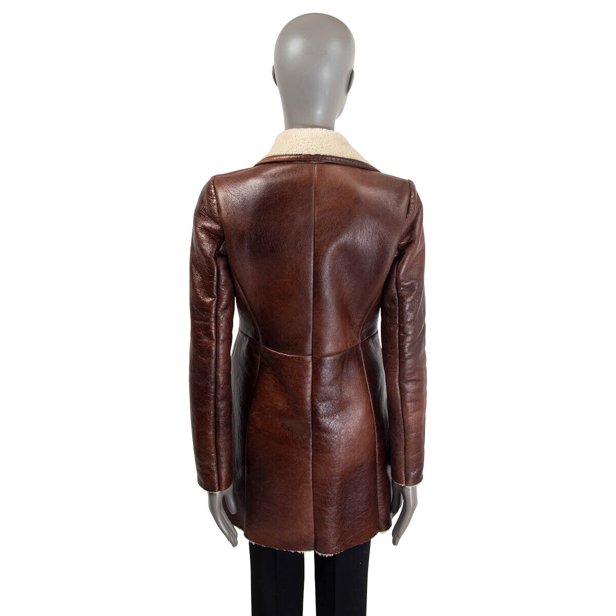 63680 auth PRADA brown leather & ivory SHEARLING Peacoat 63680 auth PRADA brown leather & ivory SHEARLING Peacoat