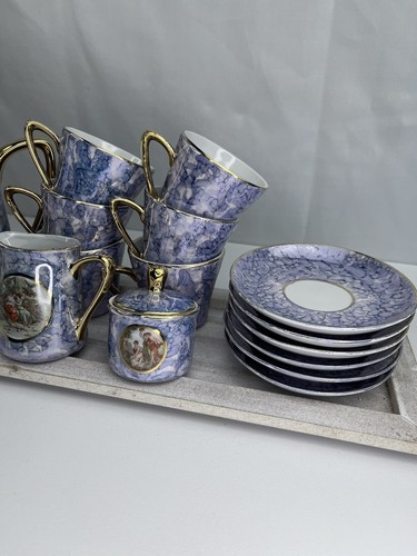 Vintage Unique Purple Marble And Gold 15pc Tea Coffee Set Teacups Romantic Scene - Picture 4 of 14