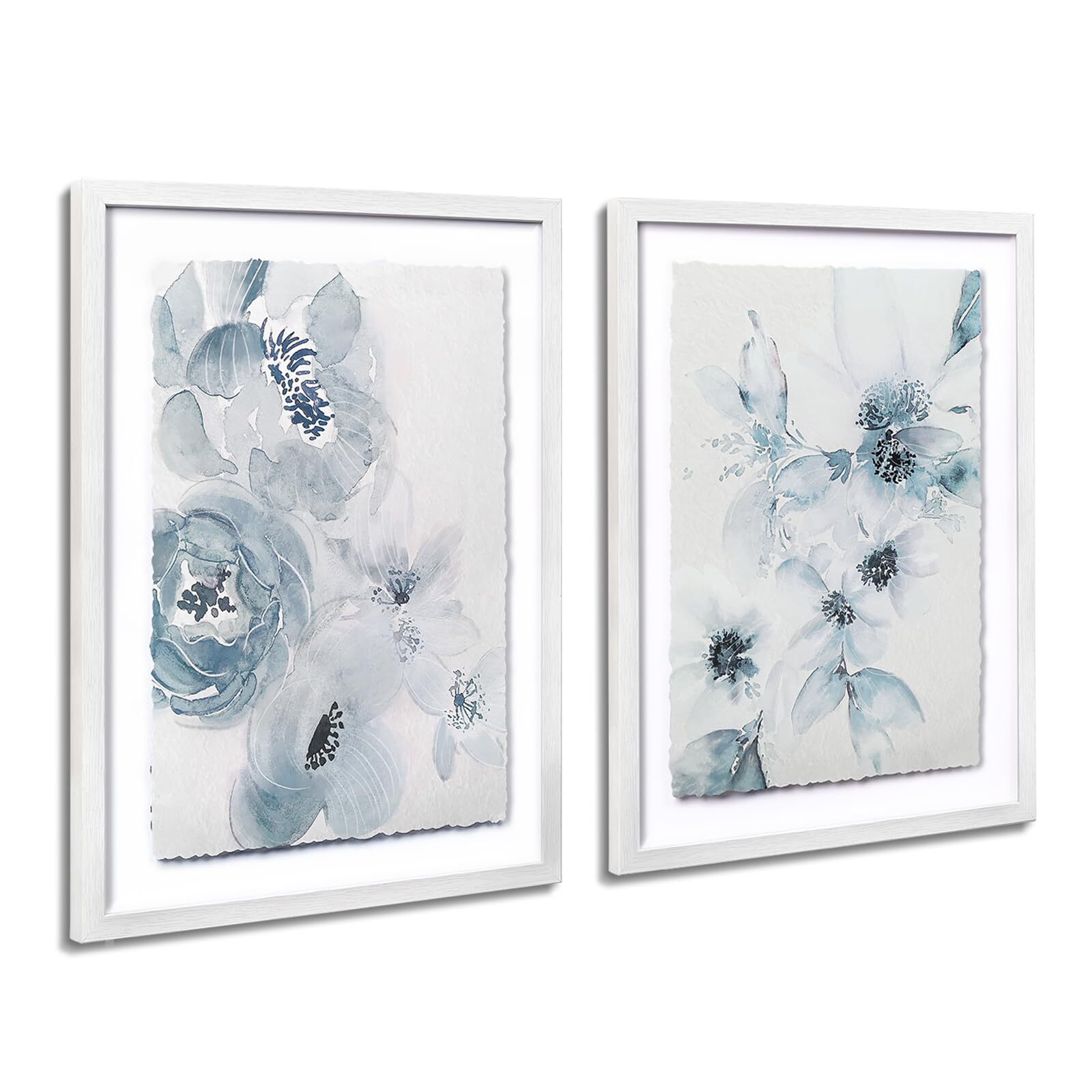 Framed Bathroom Wall Art, 12x16 Botanical Wall Art with Blue Watercolor Flowe...