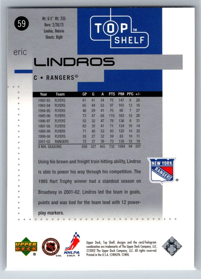 2002-03 Upper Deck Top Shelf Eric Lindros New York Rangers #59 - Image 2 of 2