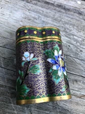 Floral Cloisonné Asian Brass Pinched 2 Pc Box w Blue Enamel 2.5x1.37 VFC