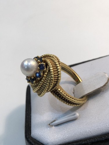 18k Gold Woven Rope Design Estate Ring Pearl Sapphires Size 5 - Picture 3 of 8