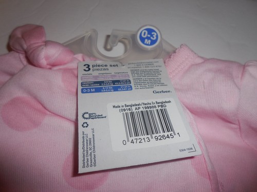 NEW GERBER PINK BABY GIRL 3 PIECE SET - SIZE 0 - 3 MONTHS - TAKE ME HOME SET - Picture 4 of 7