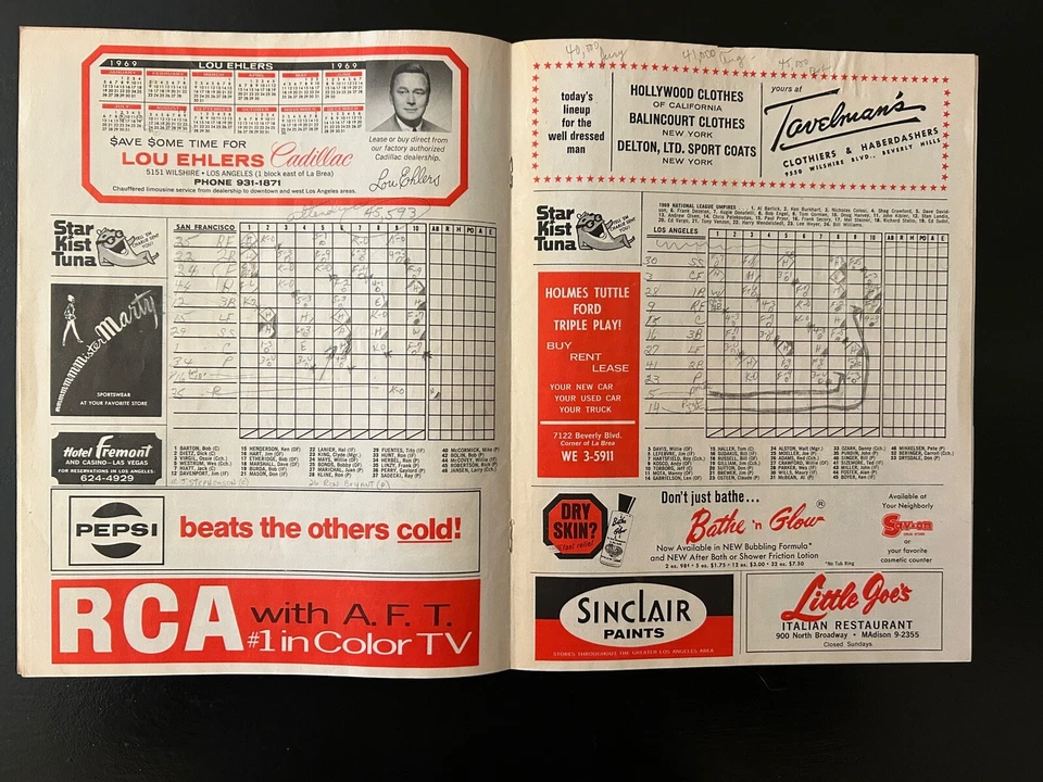 1969 Los Angeles Dodgers Scorecard Program San Francisco Giants Mays McCovey - Image 3 of 3