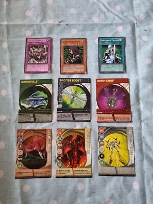 6 Bakugan + 3 Konami Karten Bronze Boost dunkel Druckknopf Windmühlen Viper Helios andere