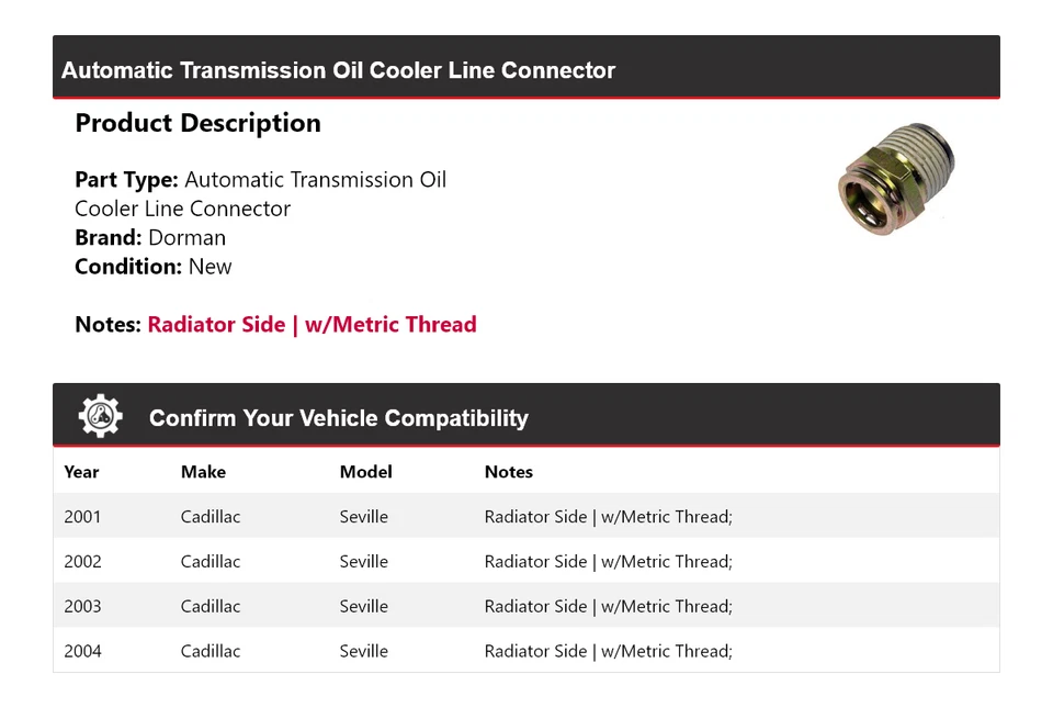 Conector de línea de enfriador de aceite para Cadillac Seville Dorman AT 2001-2004 2002 2003 Foto 2 de 4