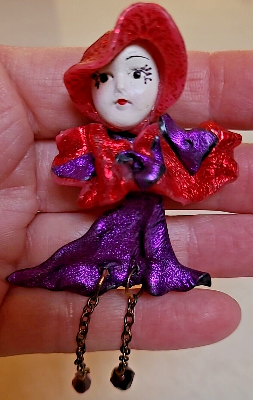Vintage Lady Porcelain Look Face Pin Brooch Red Hat Society