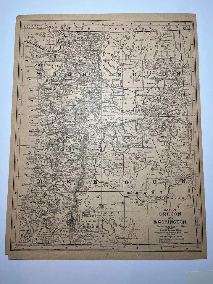 Mapa de Oregon & Washington 1894 en blanco y negro montado en cartulina sin ácido VER DESCRIPCIÓN Foto 2 de 4