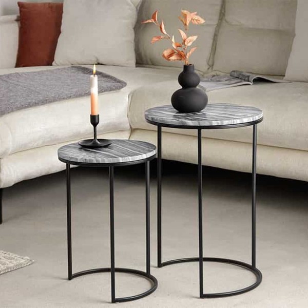 Elegantes Beistelltisch 2Er Set Marmo 55Cm Grau-Weiss Marmor-Dekor-image
