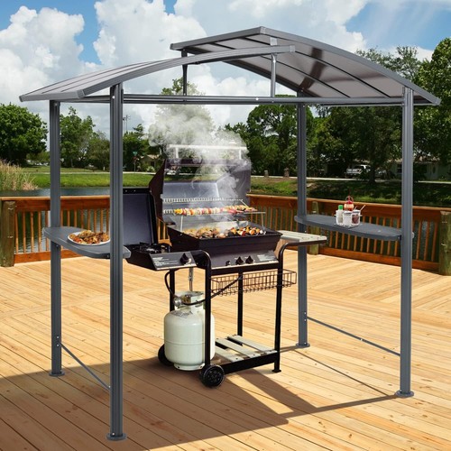 Aoodor 8' x 5' Hardtop Grill Gazebo, Outdoor BBQ Gazebo w/ 2 Side Shelves