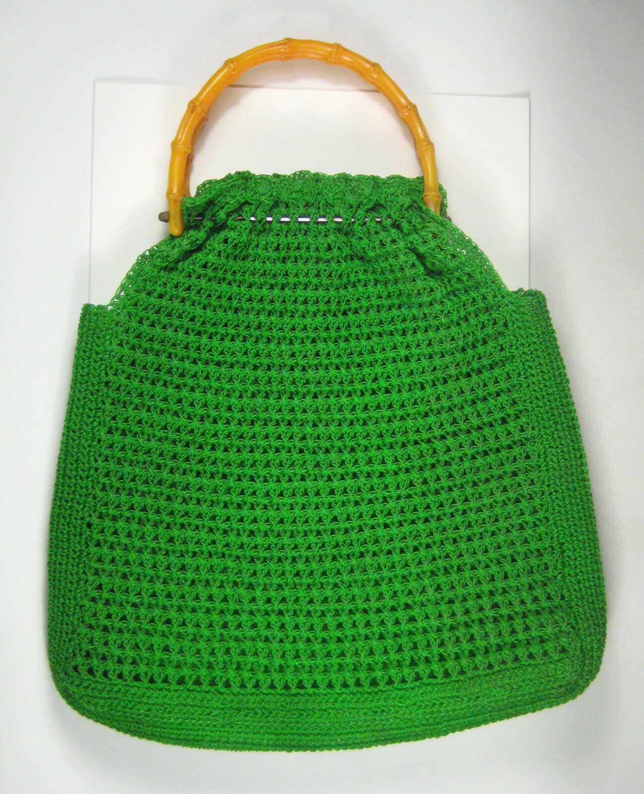 Handbag Green Knitted Faux Bamboo Handles Boho Hi… - image 1