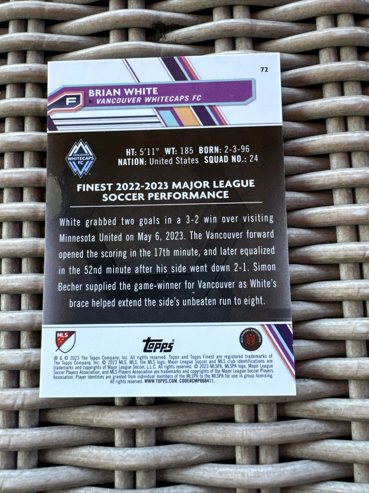 Brian White 2023 Topps MLS Finest Blue /150 Vancouver Whitecaps FC - Image 2 of 2