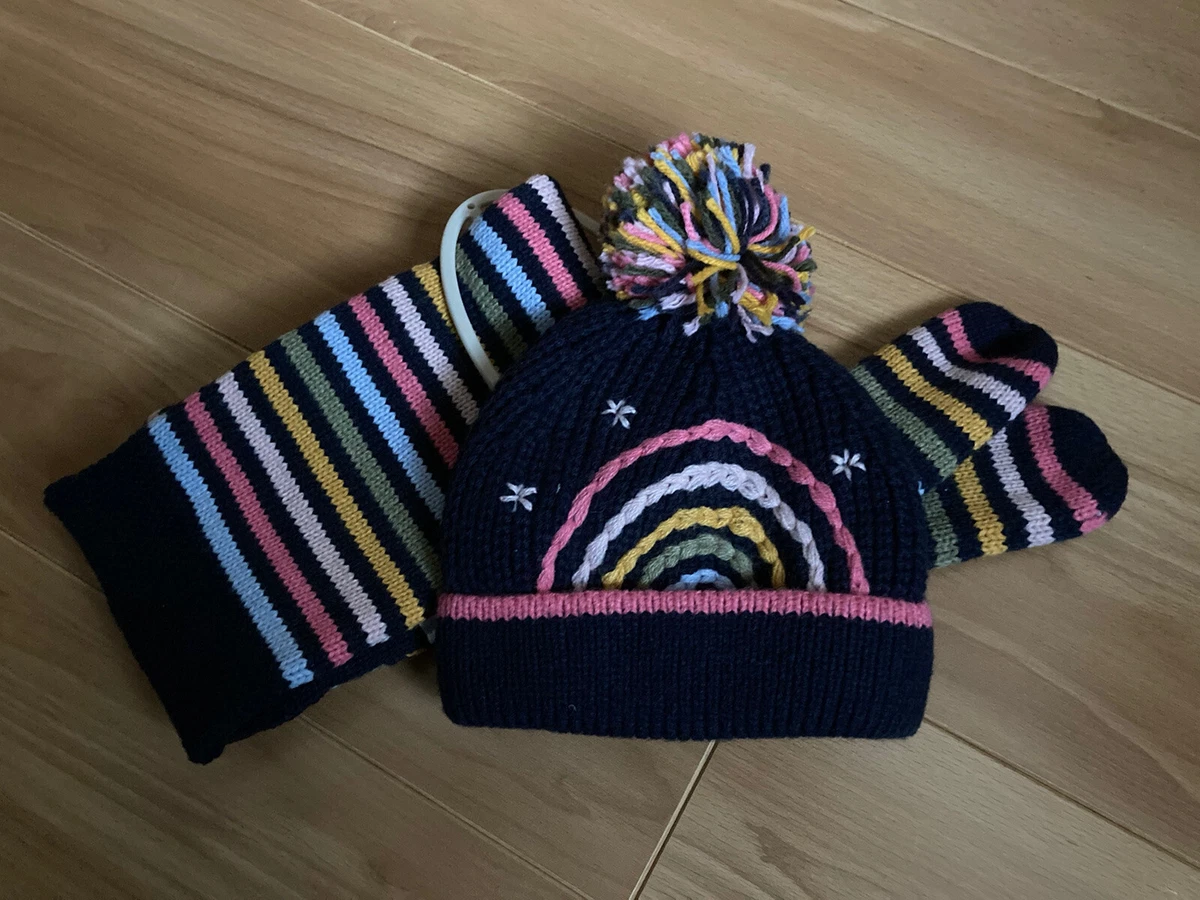 Girls next navy blue pink striped rainbow hat mittens scarf set 1 2 years NWT