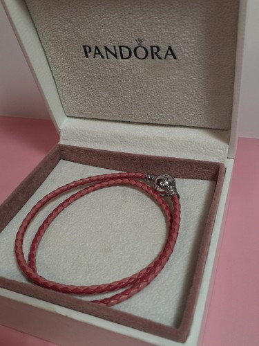 60AB NWOT AUTH PANDORA 16" PINK DOUBLE WRAP BRAIDED LEATHER BRACELET BALL CLASP - Picture 3 of 5