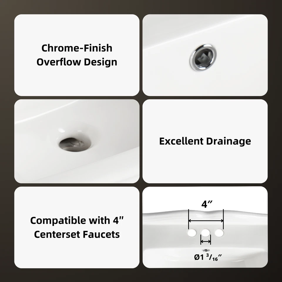 Fregadero de baño con pedestal blanco Los Flexi con desbordamiento, 3 orificios para grifos de 4 pulgadas Foto 3 de 4