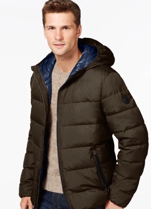 Michael Kors Mens Lightweight Premium Down Jacket Puffer Hood Dark Olive S $225