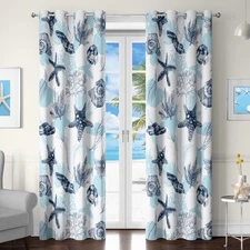 Coastal Nautical Curtains Blue and White Beach Sea Starfish Seashell 50% Ligh...