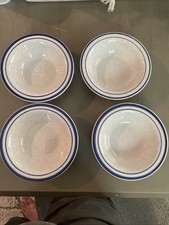 Four Oneida Blue Speckled Small Bowls With Matching-blue Colored Rims Four Oneida Blue Speckled Small Bowls With Matching-blue Colored Rims