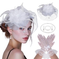 5Pcs Tea Party Hat and Gloves Set for Women, Fascinators Hats with Short Lace G