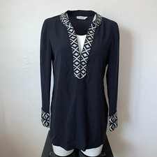 Tory Burch Navy Blue Geometric Embroidered V-Neck Tunic Dress Size 10