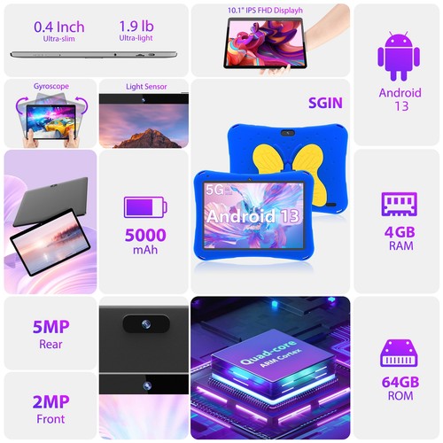 SGIN Kids Tablet 10.1" Android 13 4GB+64GB 2MP+5MP Dual Camera Learning Tablet - Picture 3 of 10
