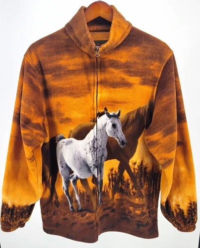 TRAILCREST Medium M Brown Full Zip Fleece Jacket Mock Neck Horse Graphic - product listing photo