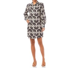 Karen Kane Blouson Sleeve Linen Shirtdress Black Print On Cream