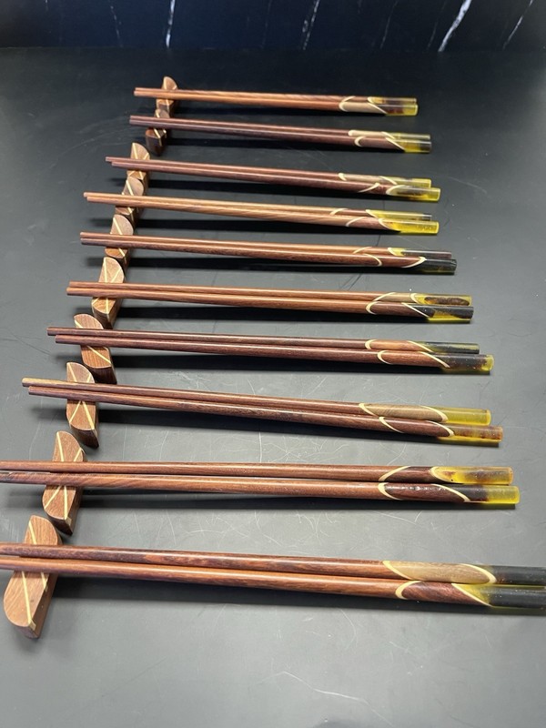 Inlaid Rosewood Chopsticks w/ Rests Amber Tips 10 Pairs