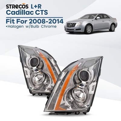Halogen Headlight For 2008-2014 Cadillac CTS w/Bulb Chrome Left+Right Pair